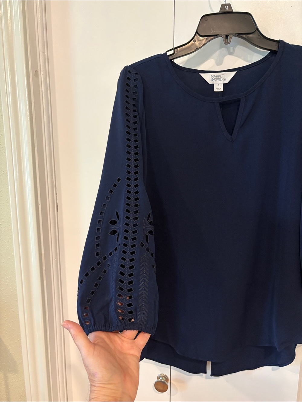 Market & Spruce Navy Eyelet Sleeve Keyhole Top